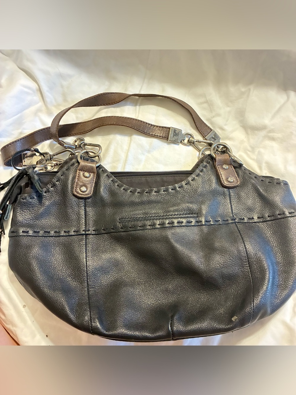 The Sak Black Leather Hobo with Brown Strap Details